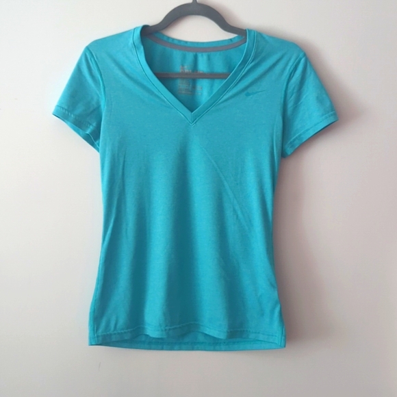 NIKE Teal Blue Dri Fit V Neck Standard Fit Activewear T Shirt Womens XS - Picture 1 of 3